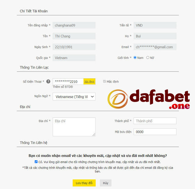 Cập nhật hồ sơ tài khoản thành viên mới tại nhà cái Dafabet